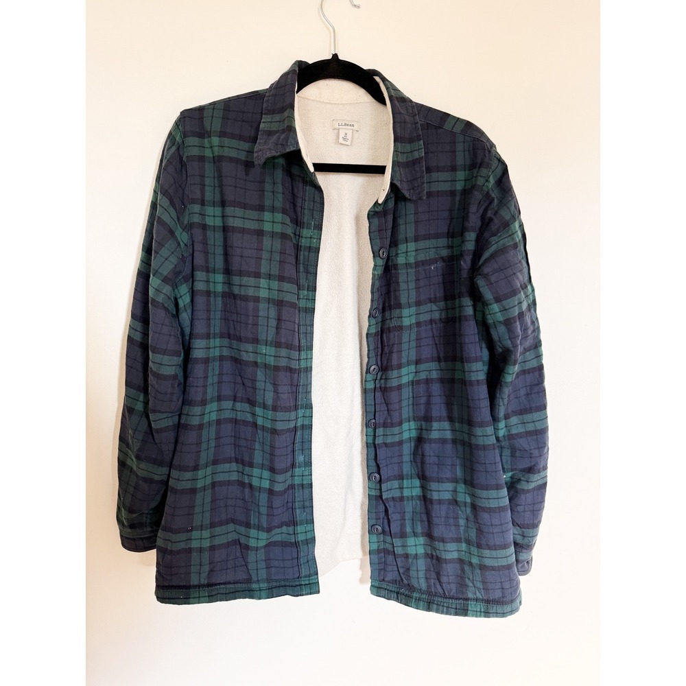 Vtg LL Bean Women's Plaid Flannel Sherpa Lined Shirt Jacket‎ Blue Green Medium - Picture 2 of 7